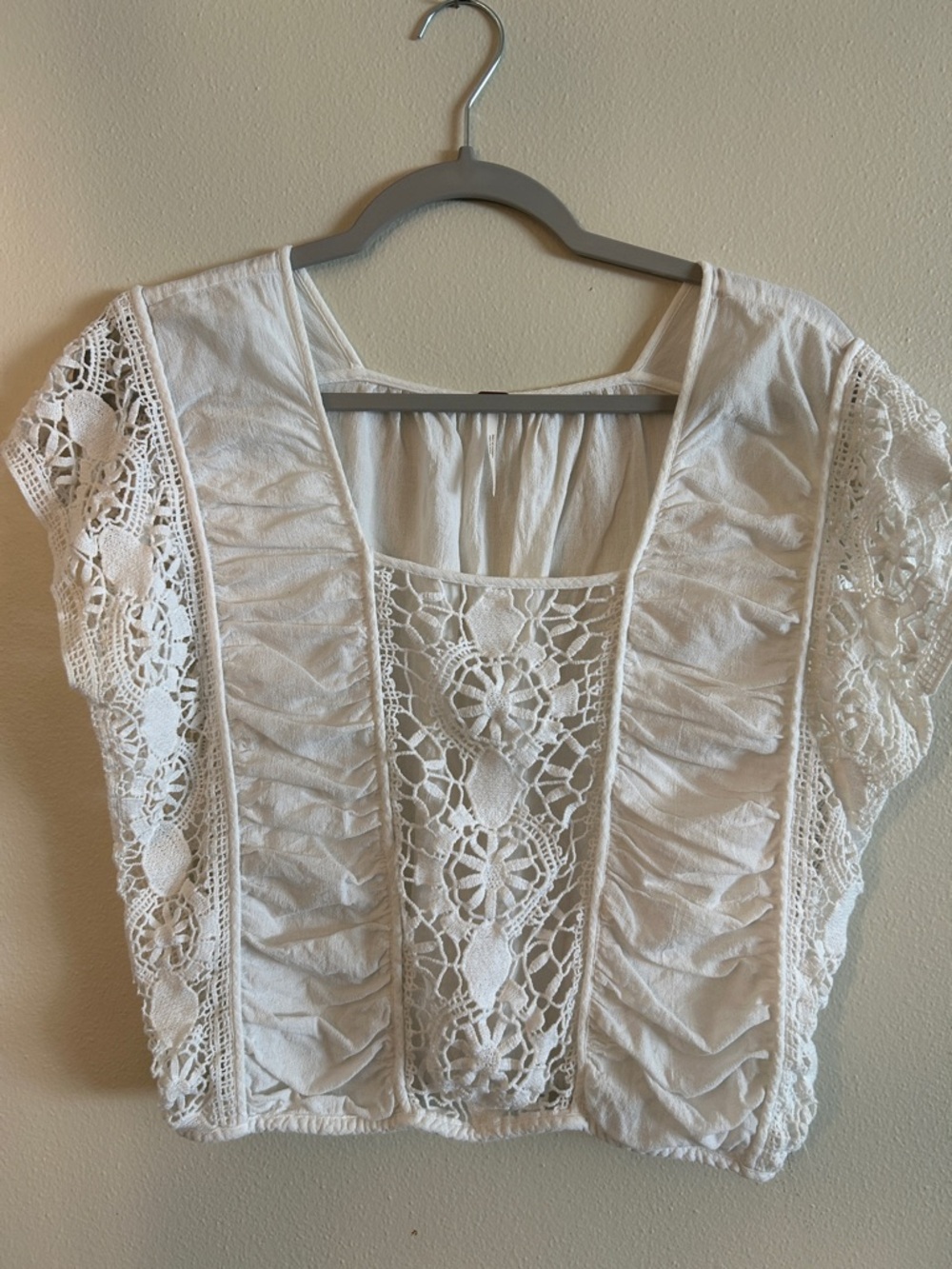 Free People boho White Crochet Crop Top with Ruffle Panels